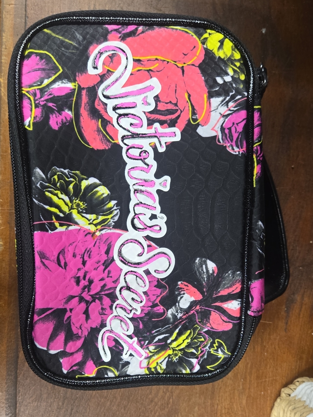 Victoria's Secret Black Floral Cosmetic Case with Pink & Neon Yellow Accents